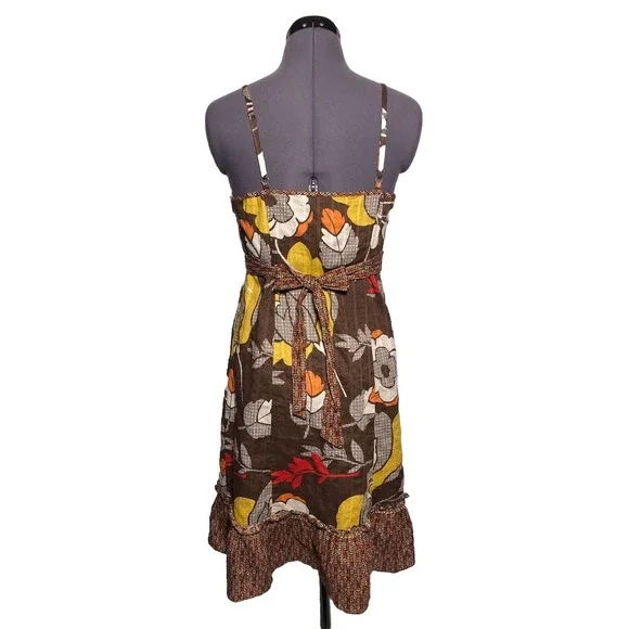 Vtg Y2K Boho Dress Floral Sundress Brown Cotton Ruffle Hem Festival Kenzie M - Picture 7 of 8